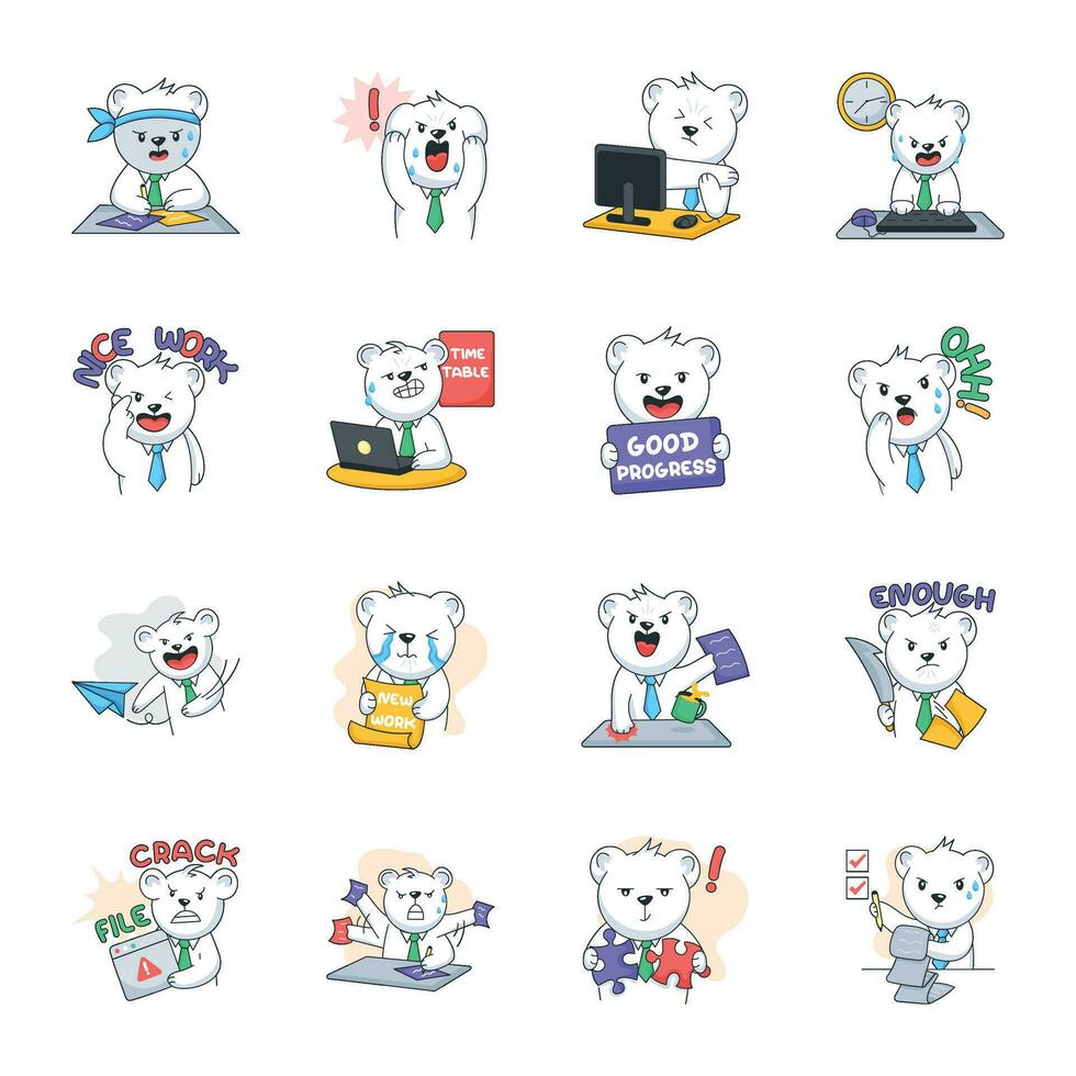 Bundle of Working Teddy Bear Flat Stickers of vector