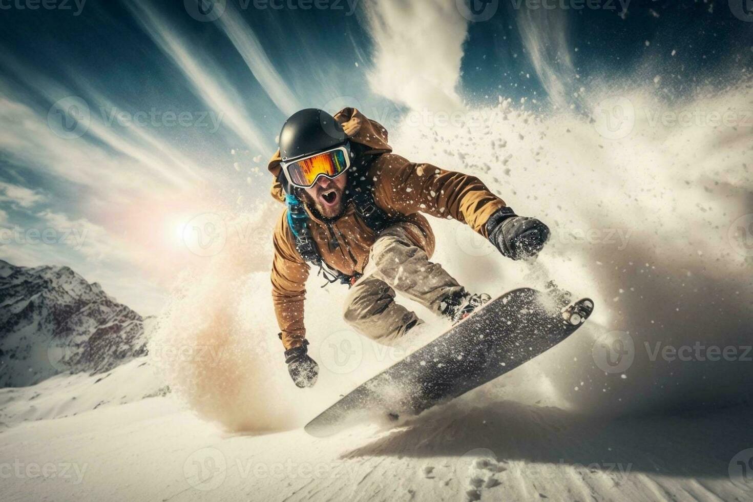 A young man on a snowboard rushes at great speed from a snowy mountain. Extreme sport. Go pro wide angle shot. photo