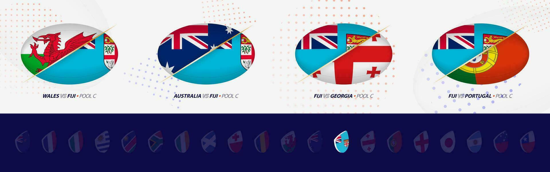 rugby competencia íconos de Fiji rugby nacional equipo, todas cuatro partidos icono en piscina. vector