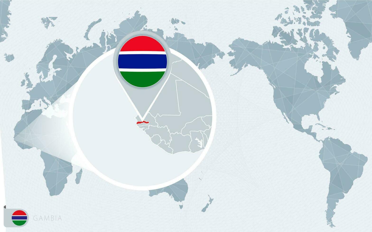 Pacífico centrado mundo mapa con magnificado Gambia. bandera y mapa de Gambia. vector