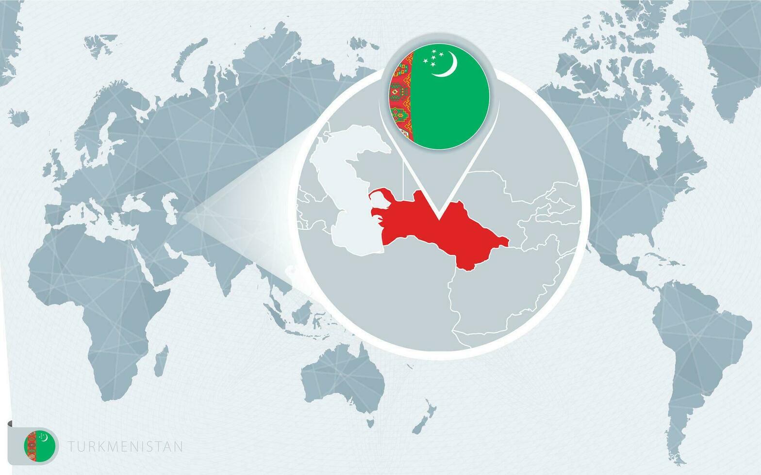 Pacific Centered World map with magnified Turkmenistan. Flag and map of Turkmenistan. vector