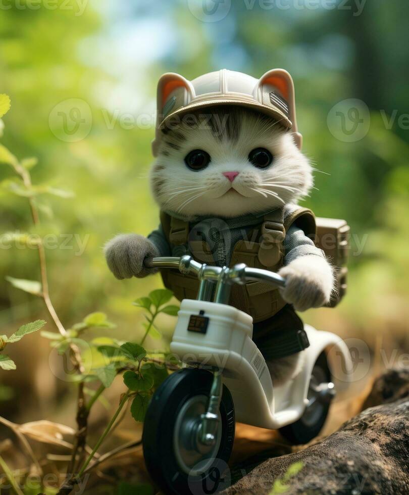a toy cute cat on a minibike riding through a forest photo