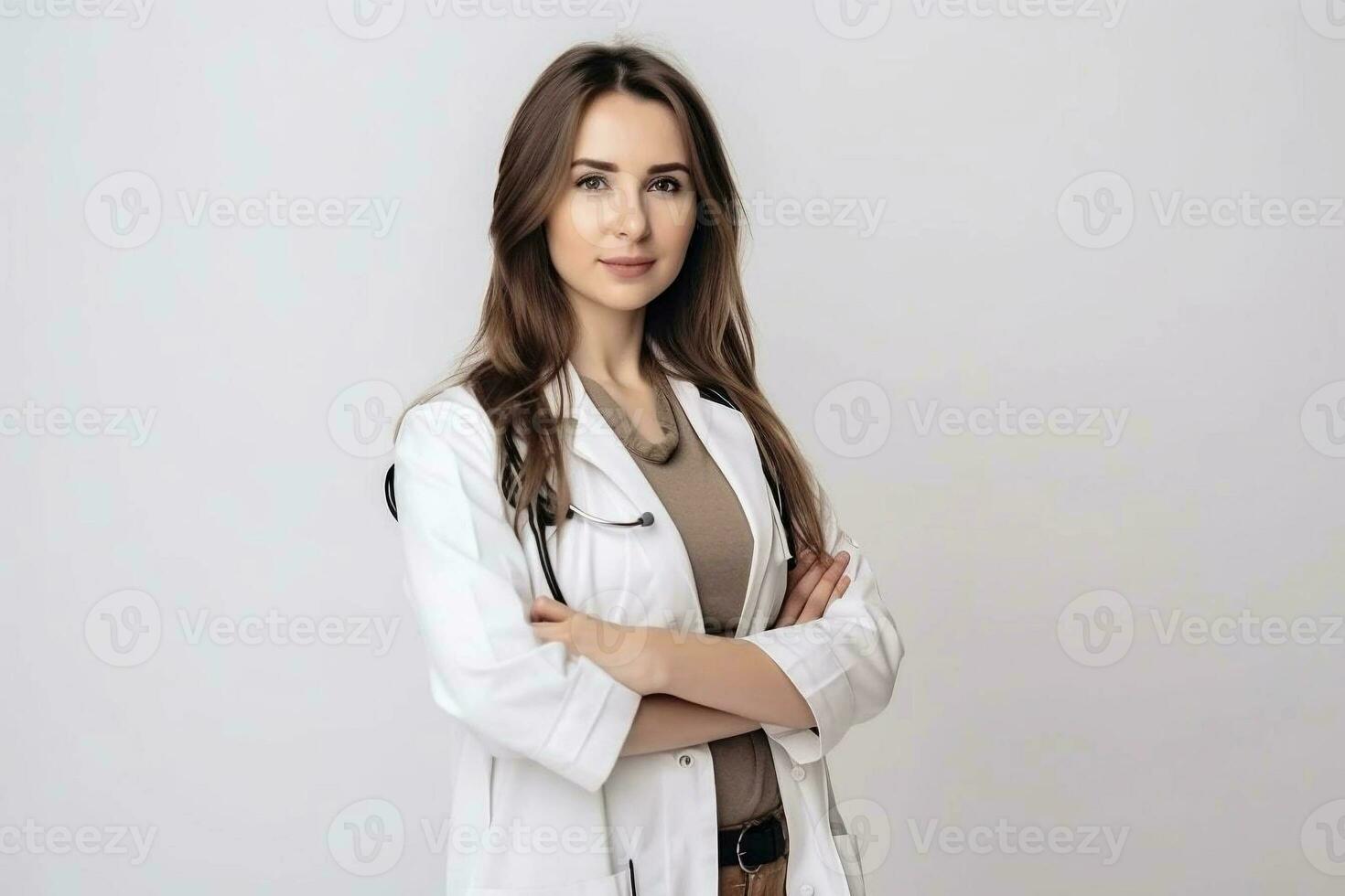 Portrait of a beautiful young girl doctor in a white coat. She looks friendly and smiles. White background. photo