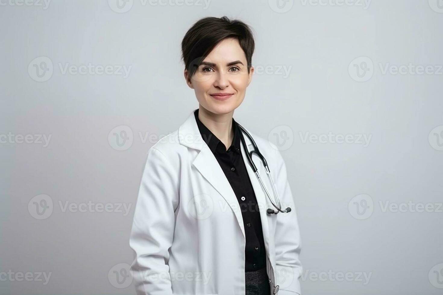 Portrait of a beautiful young girl doctor in a white coat. She looks friendly and smiles. White background. photo