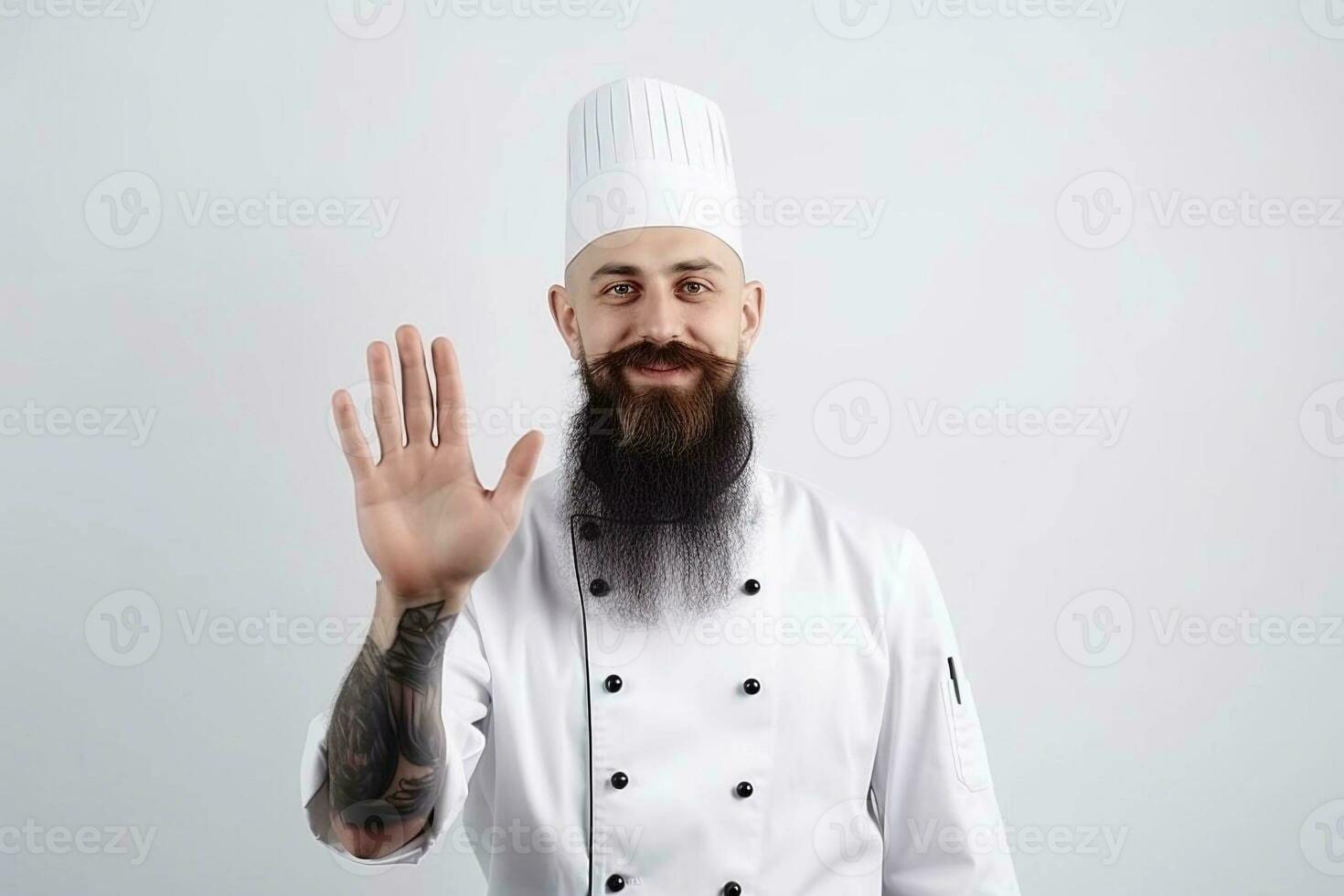 A man chef with a beard and mustache in a white uniform greets customers. White background. photo