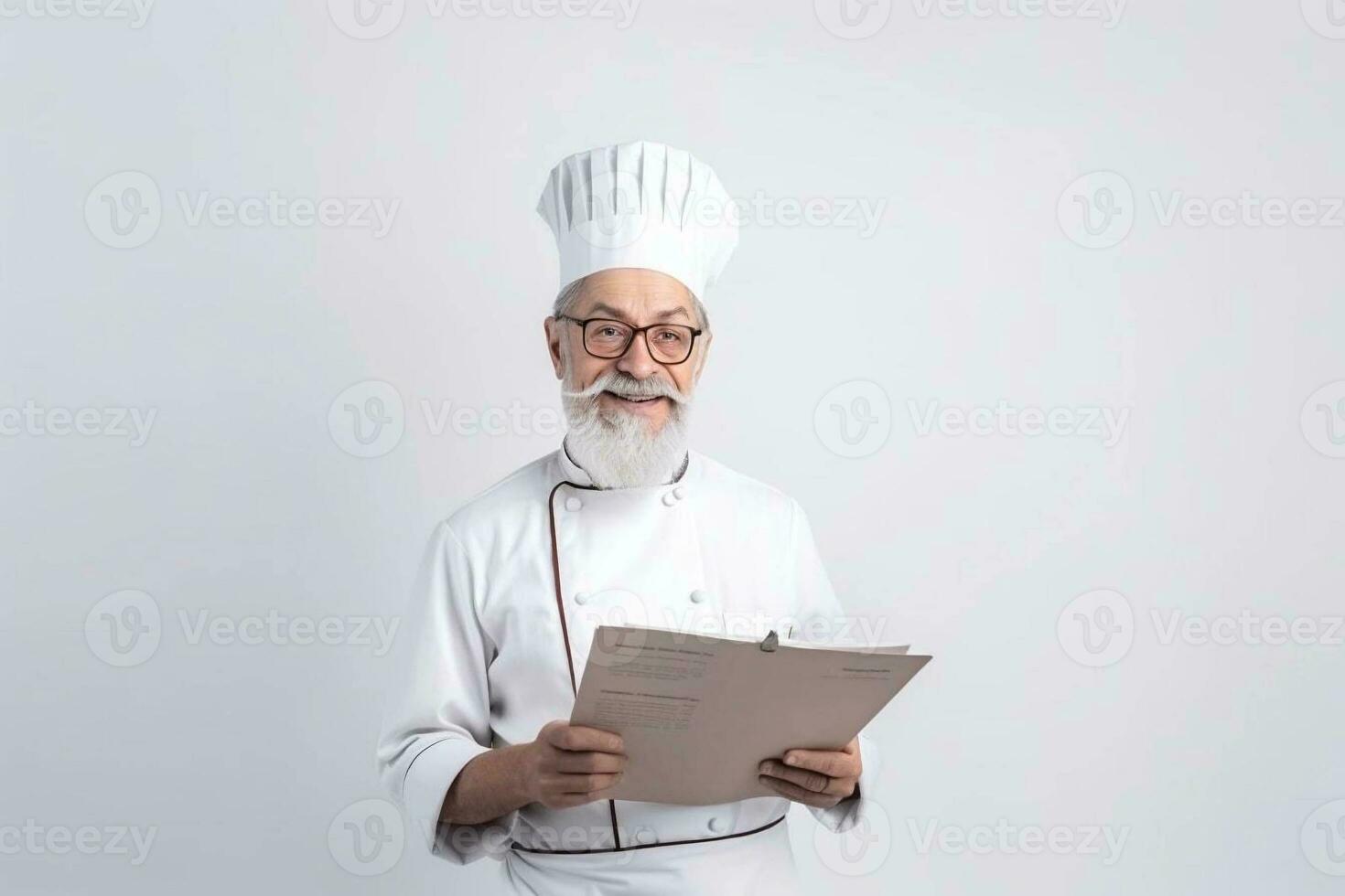 un hombre cocinero con un barba y Bigote en un blanco uniforme saluda clientes. blanco antecedentes. foto