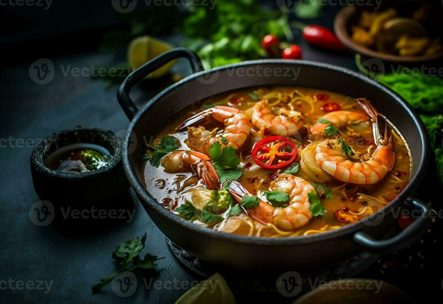 Tom Yam Kung ,Prawn and lemon soup with mushrooms, thai food in bowl. Generative Ai. photo