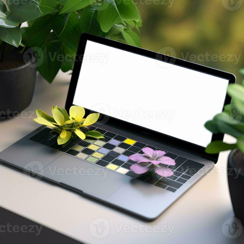 Laptop with a white blank screen laying on a table in the garden.generative ai. photo