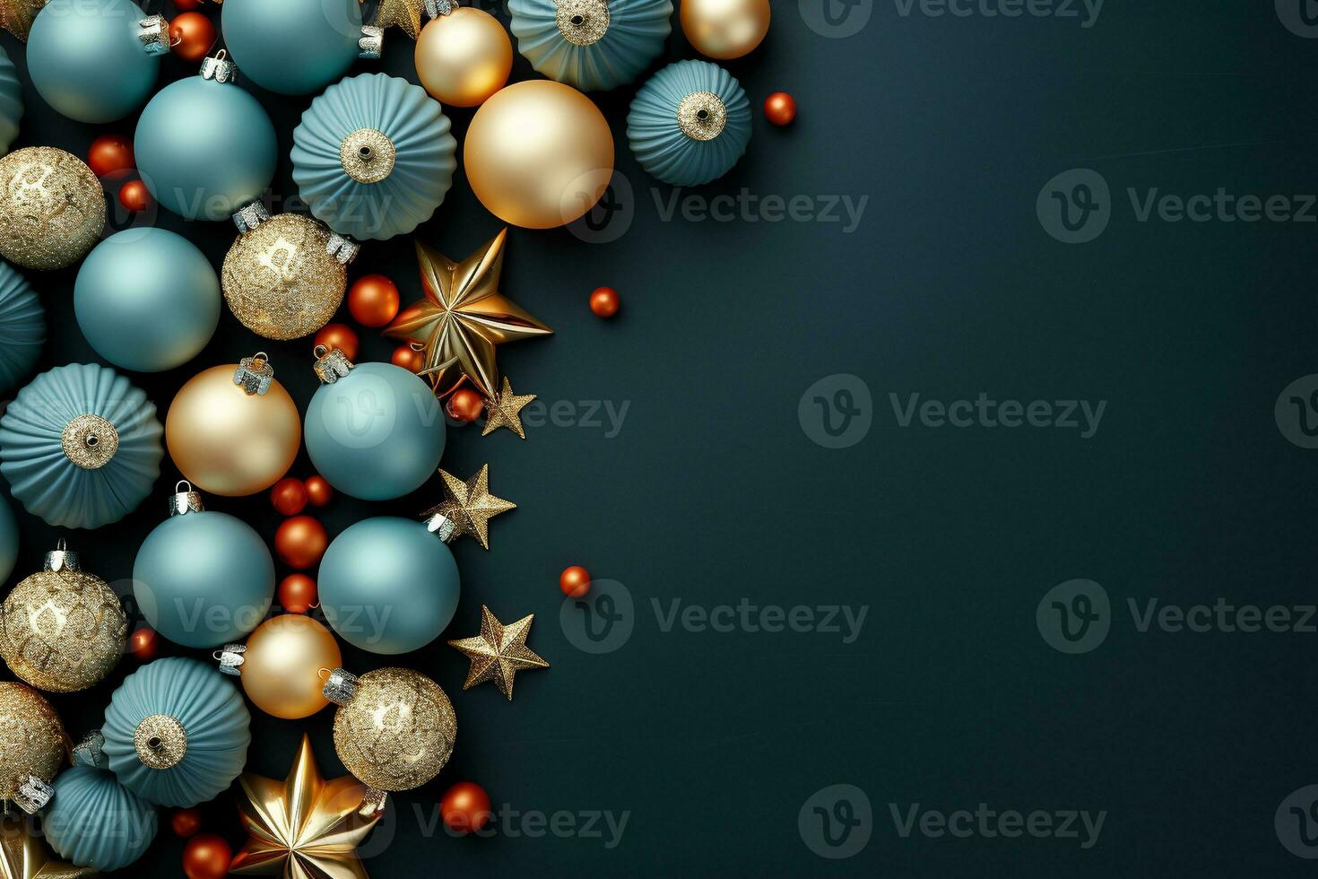 Christmas tree toys background. Blue, gold, white, red balls and stars on white background top view. generative ai photo