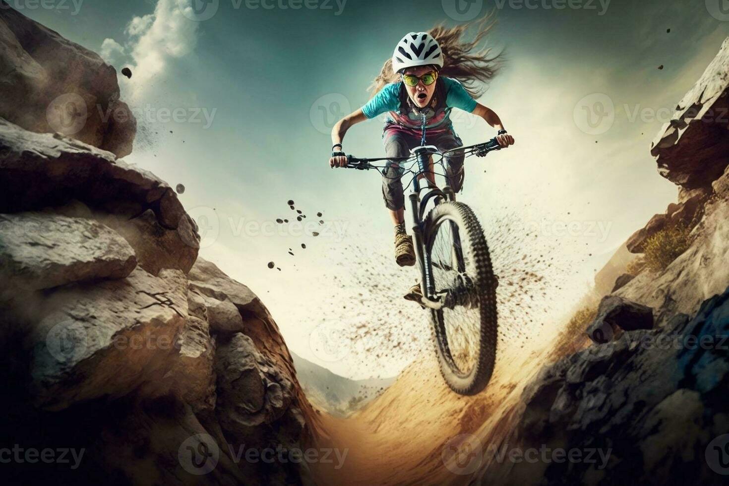 A young girl on a sports bike rushes off-road at great speed. Extreme sport. Go pro wide angle shot photo