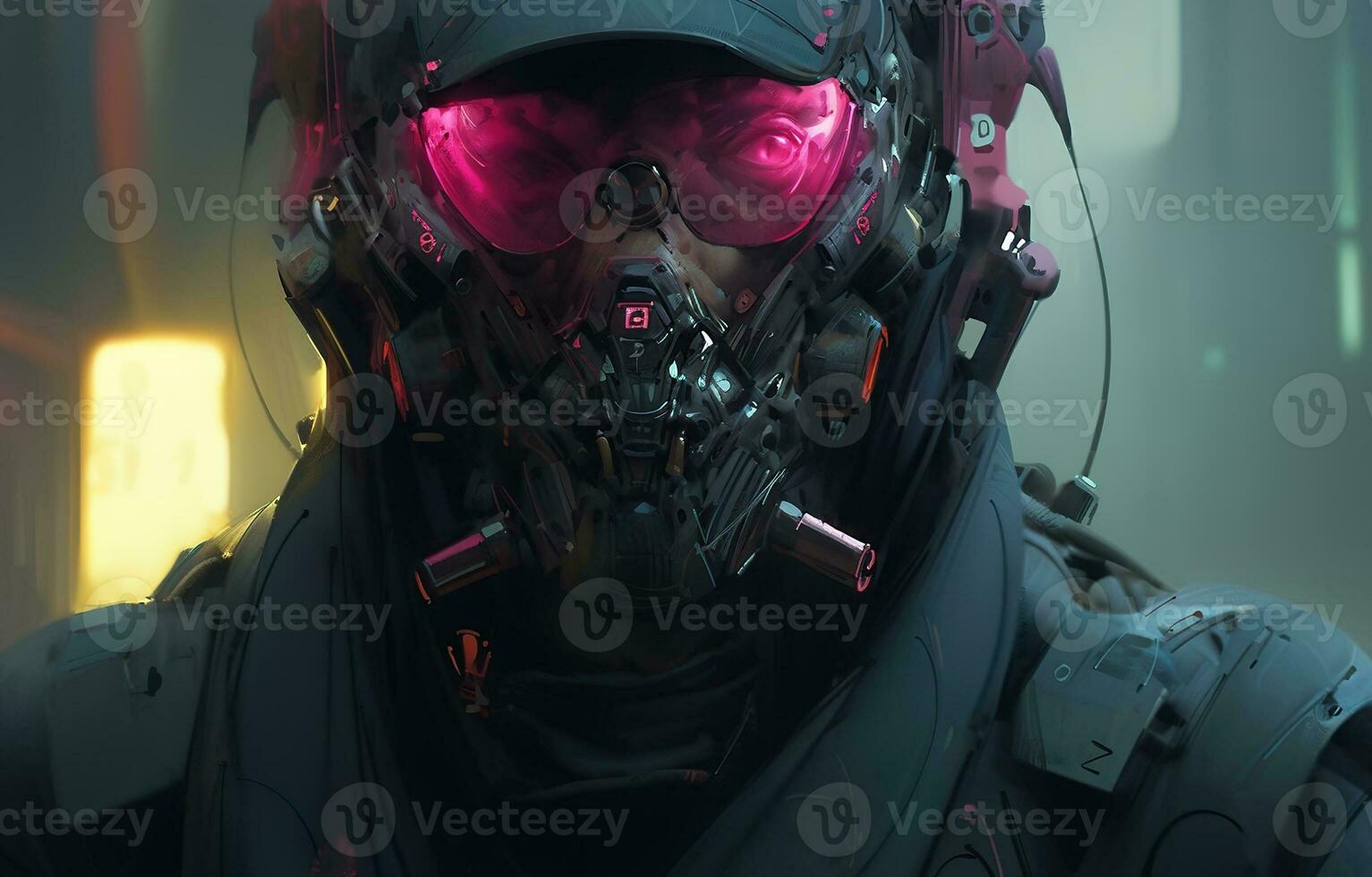 Cyberpunk Man portrait futuristic neon style wear a robotic headset photo