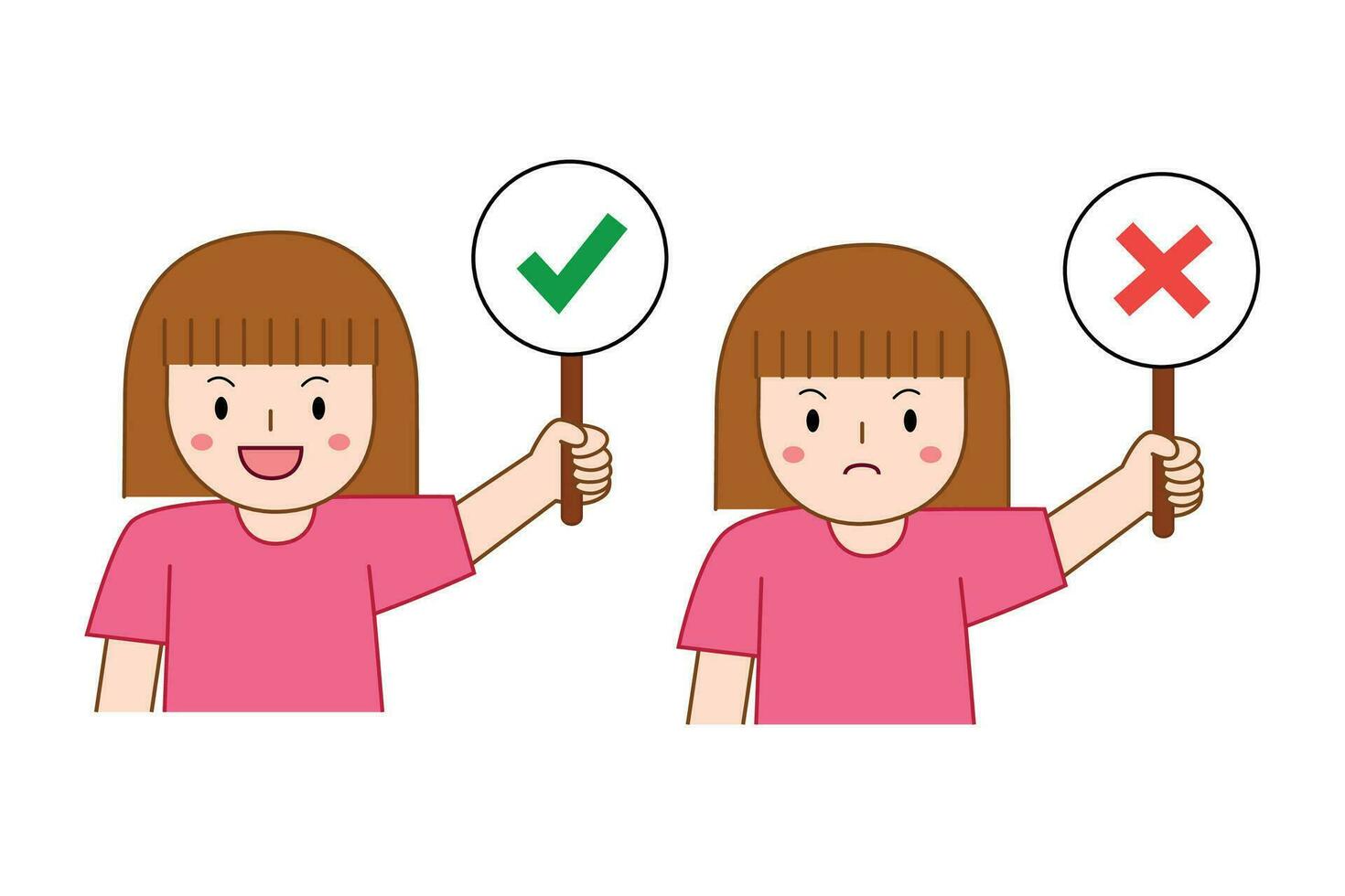 girl holding right or wrong sign. true or false concept illustration vector