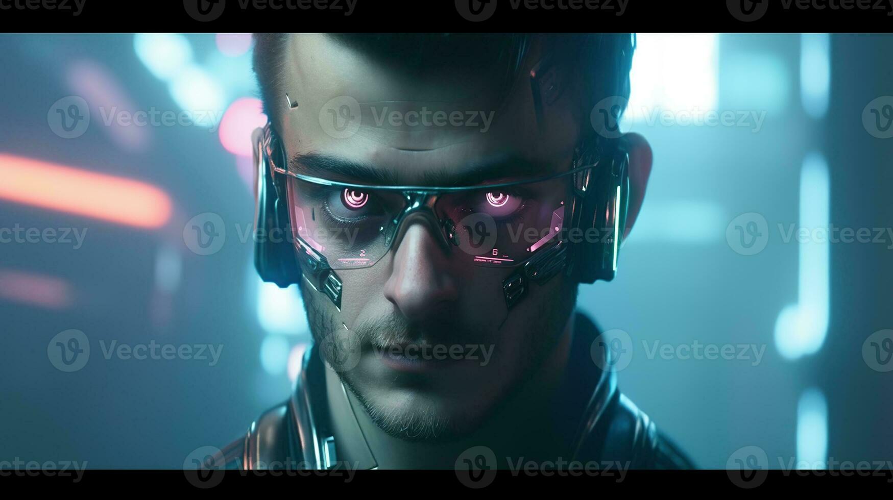 Cyberpunk Man portrait futuristic neon style wear a robotic headset photo