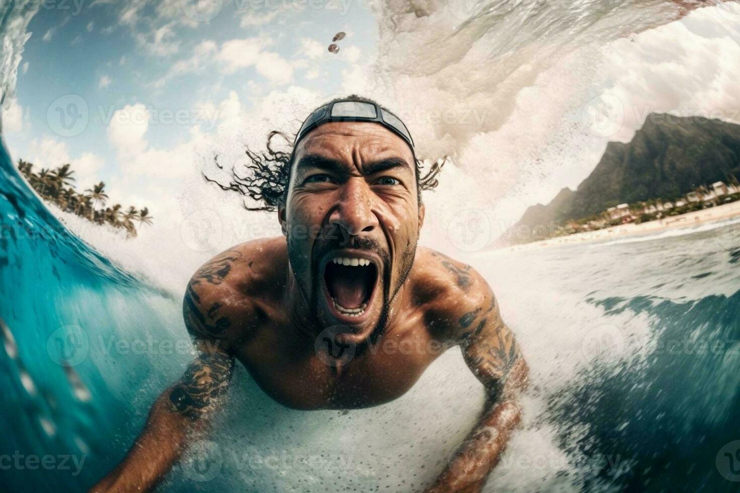 Man surfer in the water in motion, he is overwhelmed with emotions. Extreme sport. Go pro wide angle shot photo