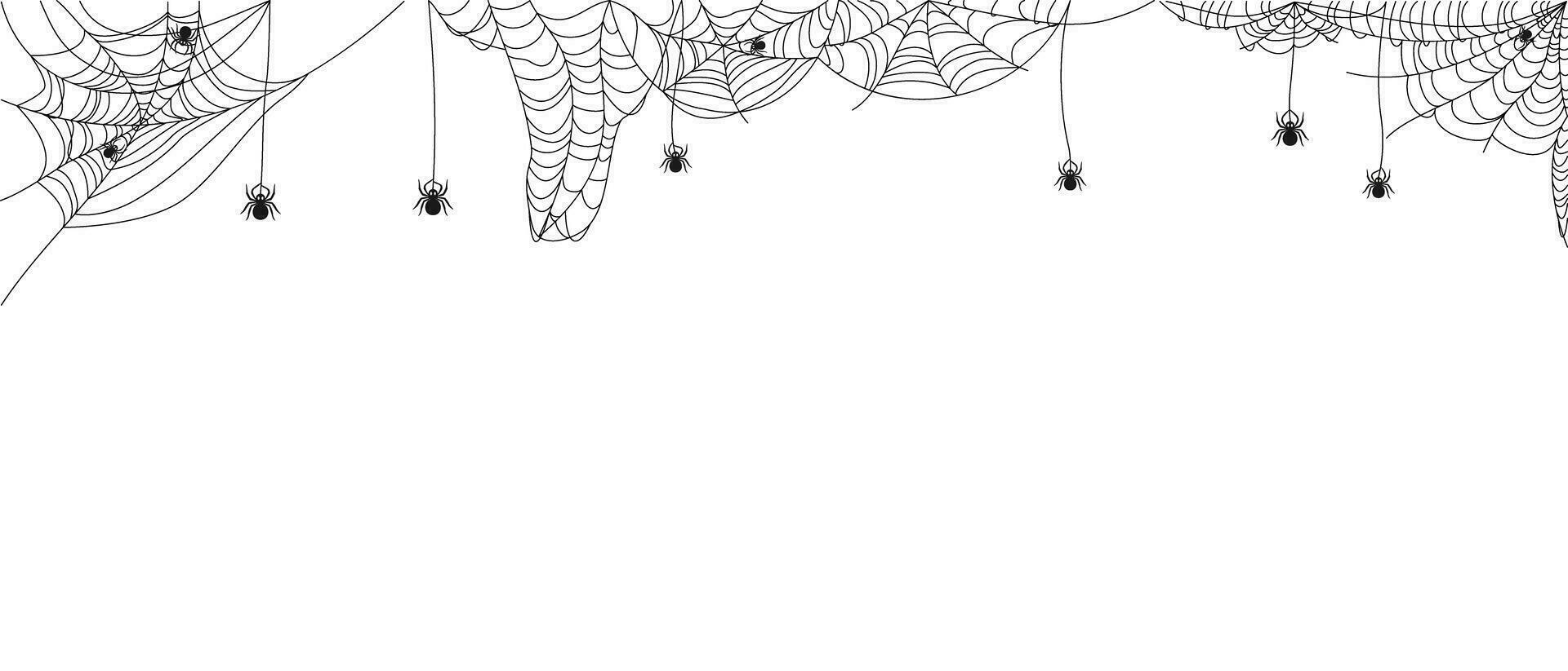 Halloween border with spiderweb and spiders. Abstract texture of insect traps. Halloween design element. Isolated graphic template. Vector illustration.