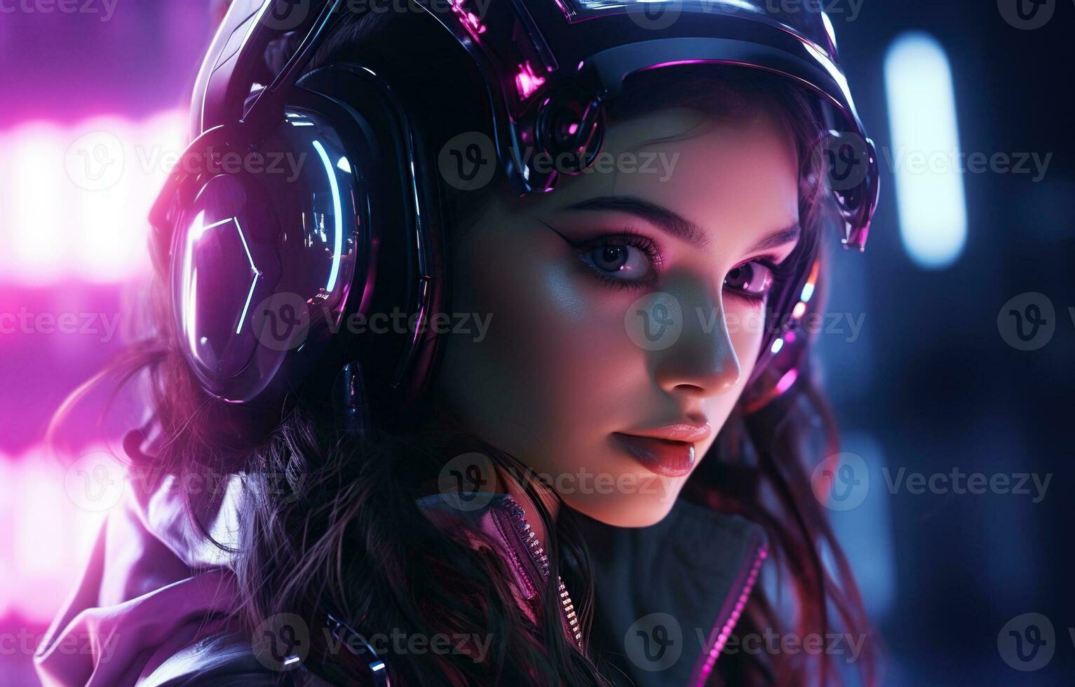 Cyberpunk woman portrait futuristic neon style photo