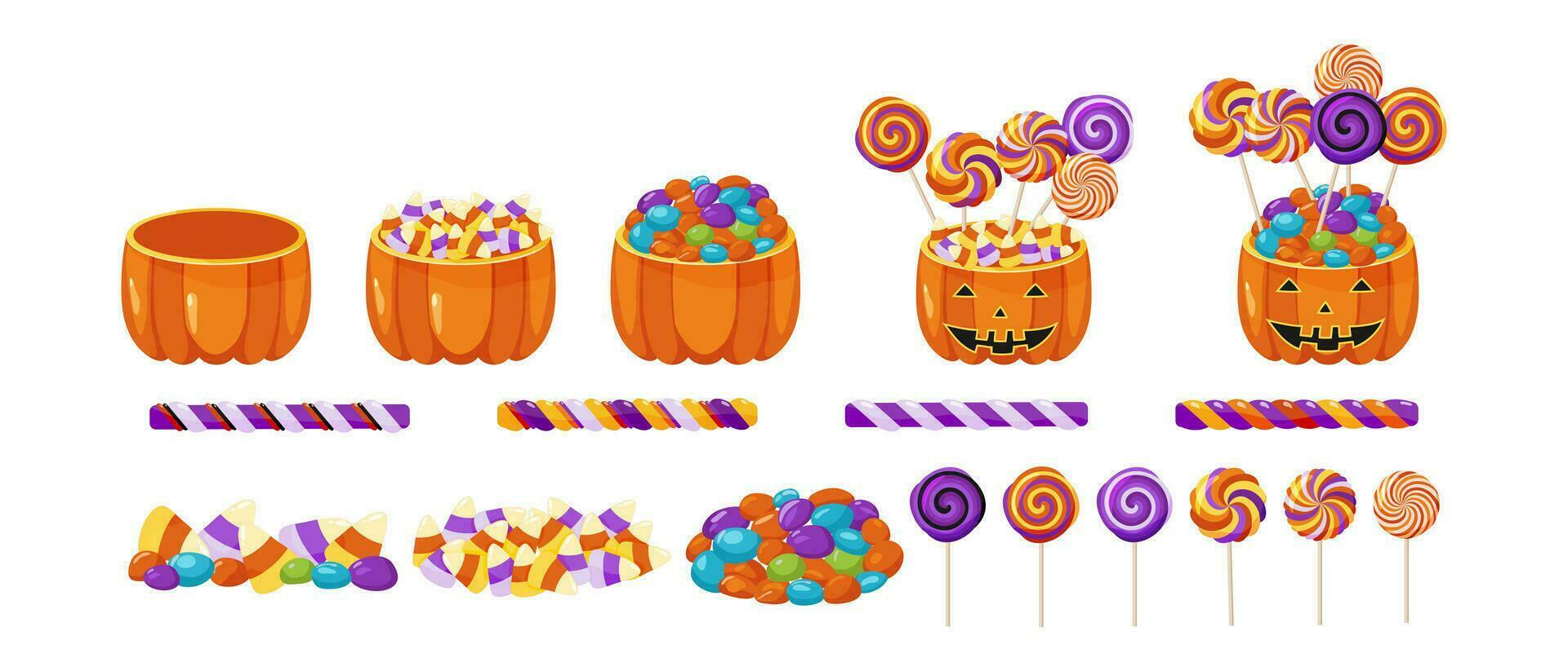 Halloween sweets set with pumpkins, candies and lollipops. Vector illustration.