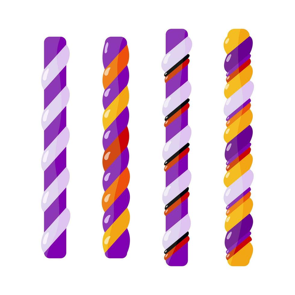 Four candy canes with different colors and shapes. Sweet treat for children and adults for Halloween, Christmas, birthday. Vector illustration.