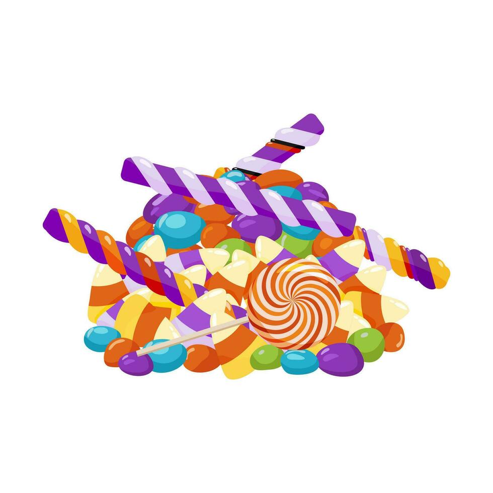 Sweet pile of different candies. Various sweets for children for the holiday. Multicolored sweet treats. Vector illustration.