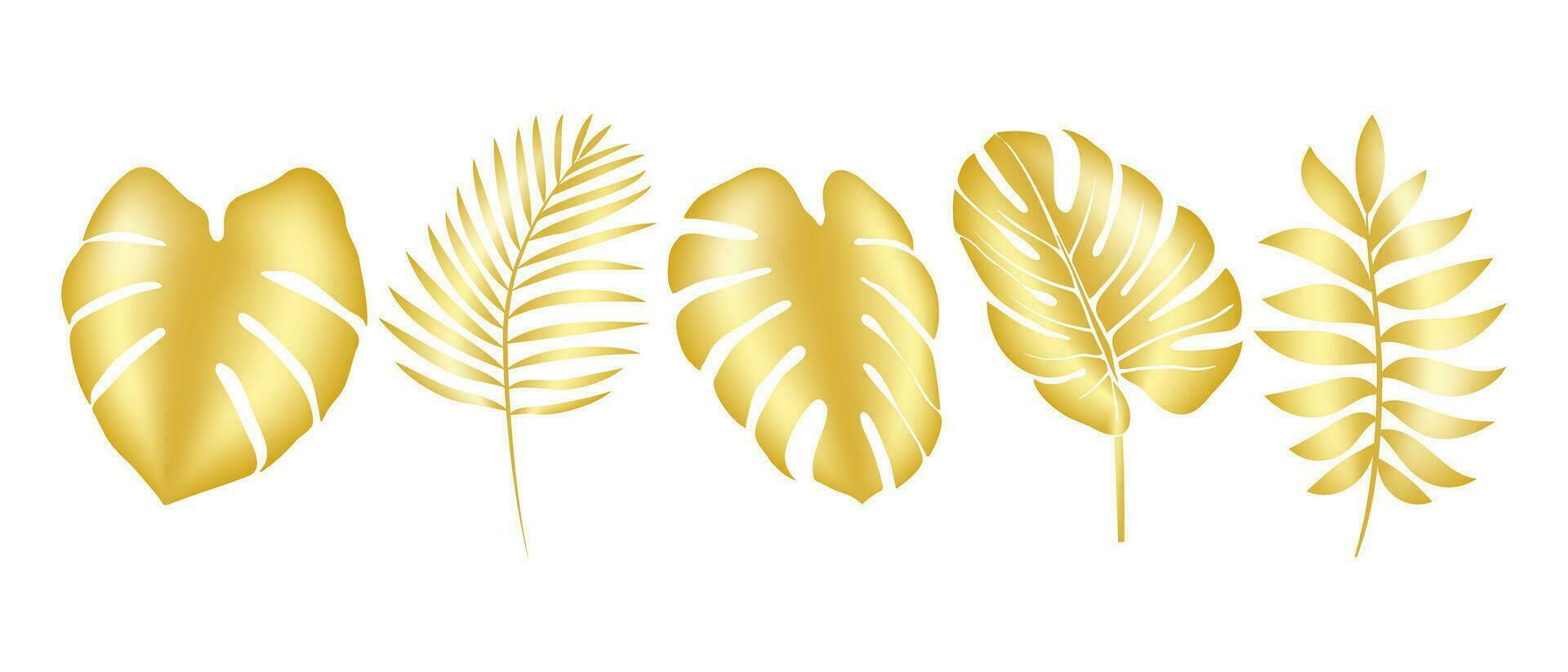 Vector illustration of lush tropical palm leaves in gold. Golden tropical leaf. For packaging cosmetics, perfumes, postcards, invitation to the wedding, covers, tourism, patch printing, home decor.