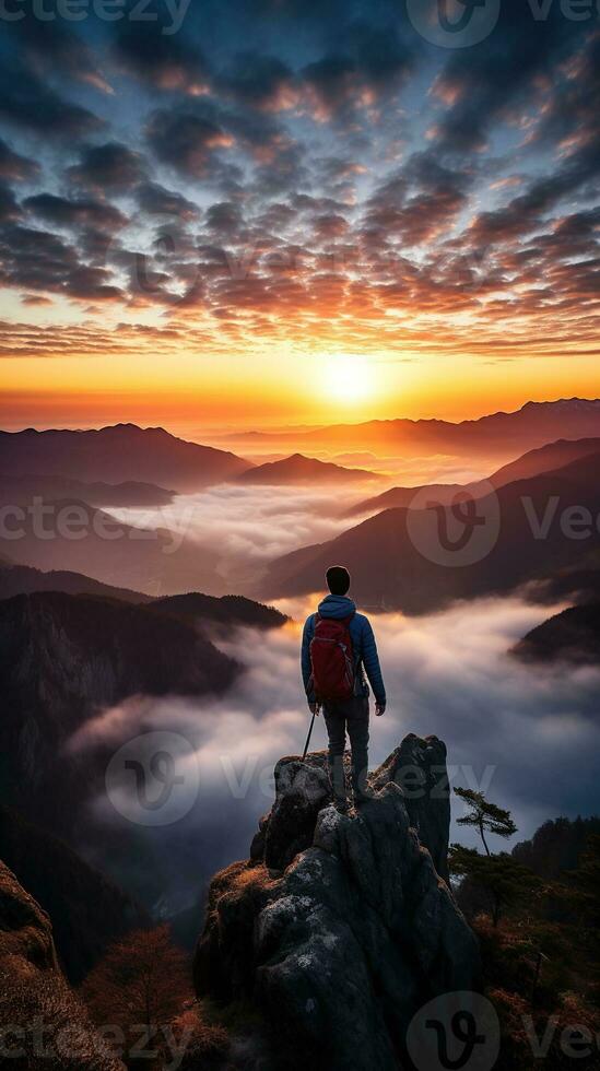 a man on top of a mountain peak with view of clouds and sunrise photo