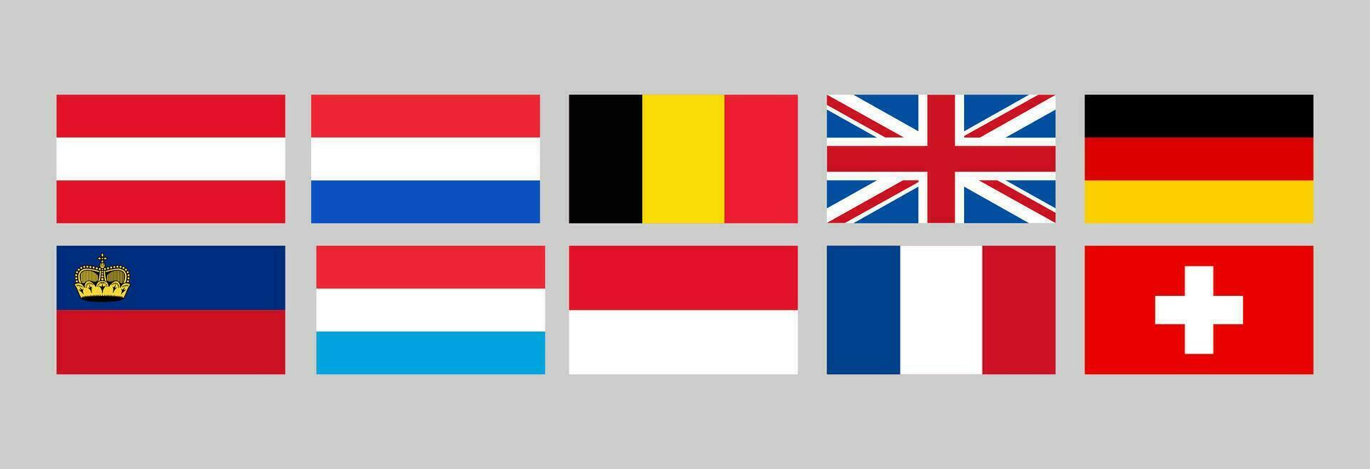 European country flags, Austria, Netherlands, Belgium, United Kingdom, Germany, Liechtenstein, Luxembourg, Monaco, France, Switzerland vector