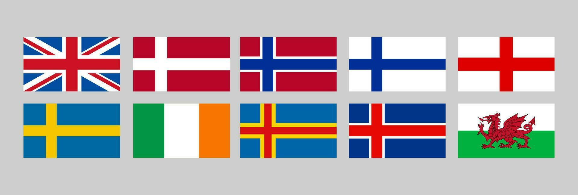 europeo país banderas, unido Reino, Dinamarca, Noruega, Finlandia, Inglaterra, Suecia, Irlanda, Islandia, Gales vector