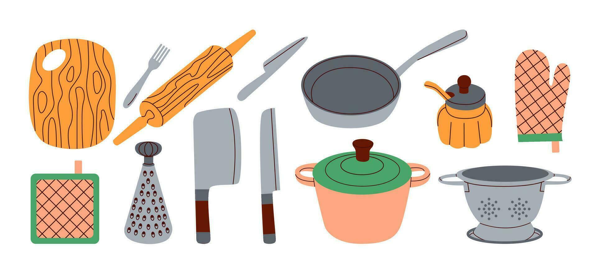 cocina utensilios colocar. batería de cocina, Cocinando herramientas. plano vector ilustración en blanco antecedentes.
