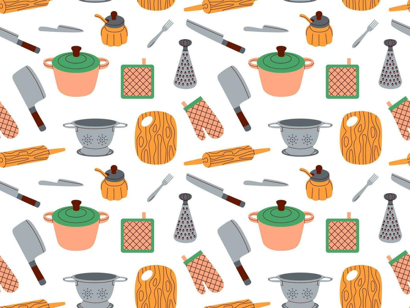 Kitchen utensils seamless pattern. Kitchenware, cooking tools. Flat vector illustration on white background.