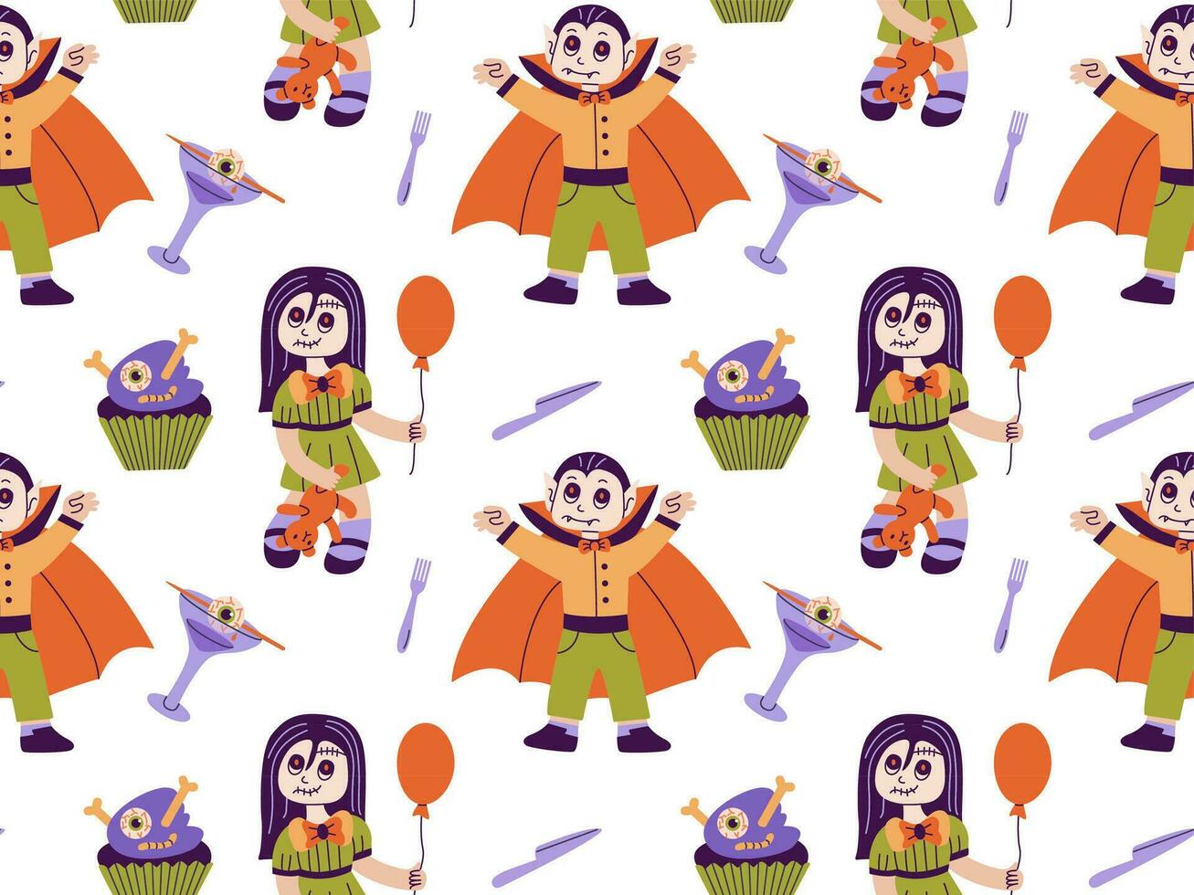 Seamless pattern of cartoon characters at Halloween party dressed as a vampire, zombie doll. Flat vector illustration.