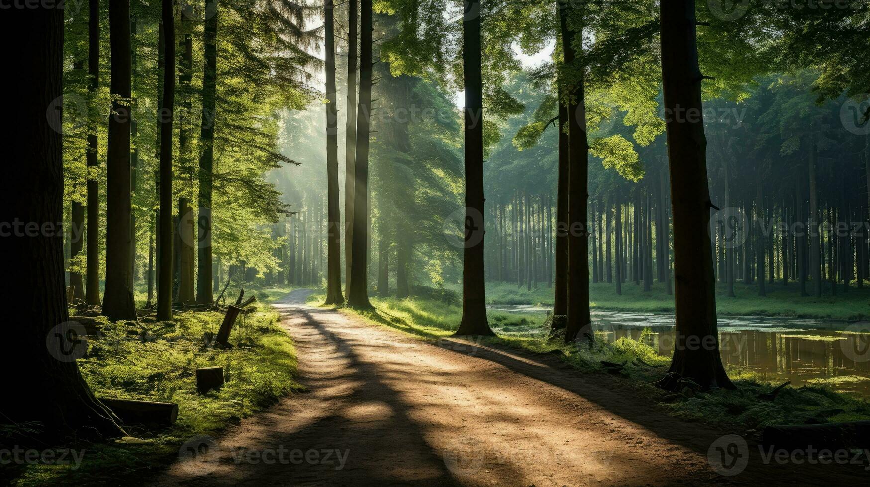 A forest with trees and a path in the morning with the sun shining on the street photo