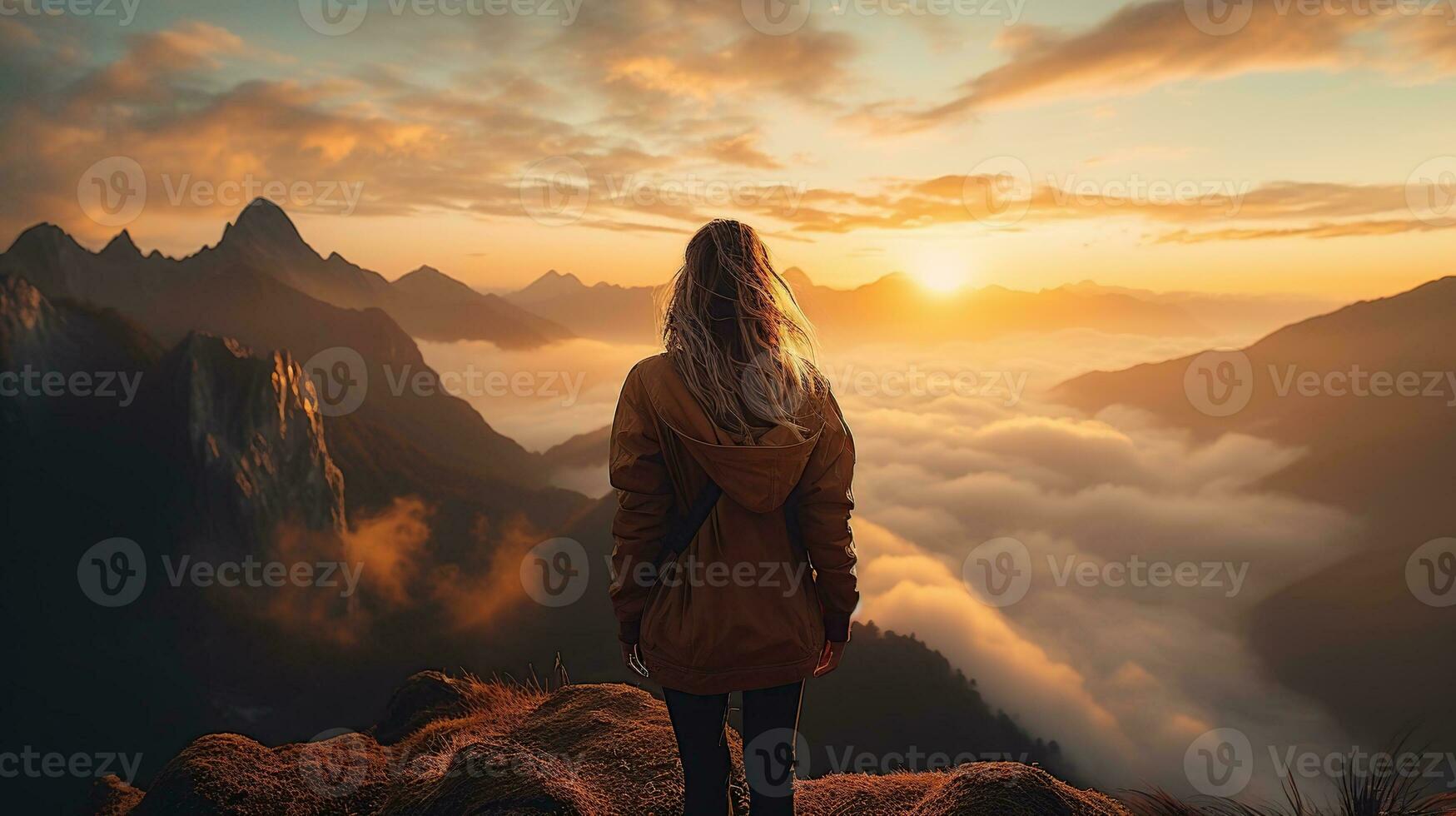 a woman on top of a mountain peak with view of clouds and sunrise photo