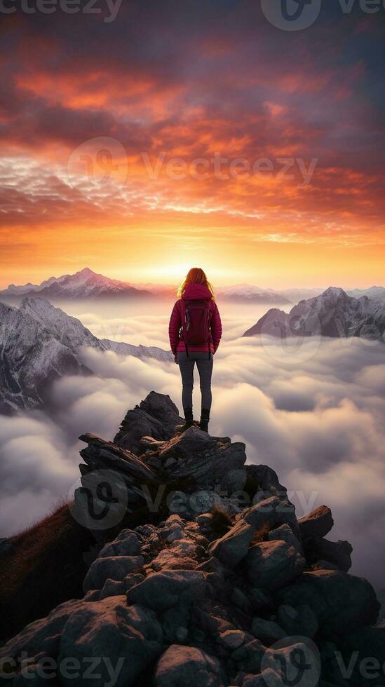 a woman on top of a mountain peak with view of clouds and sunrise photo