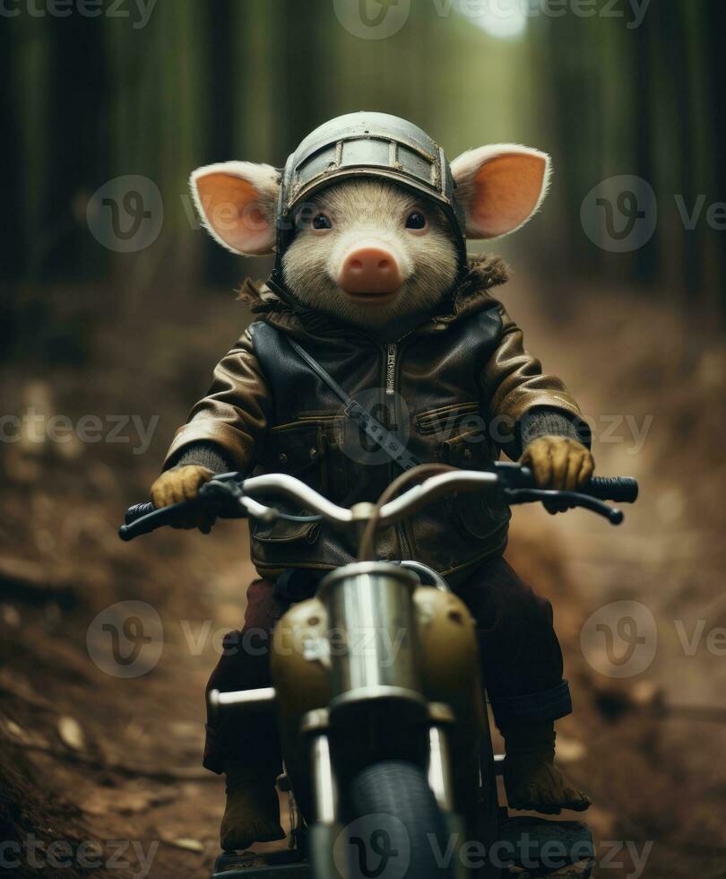 a cute pig on a minibike riding through a forest photo