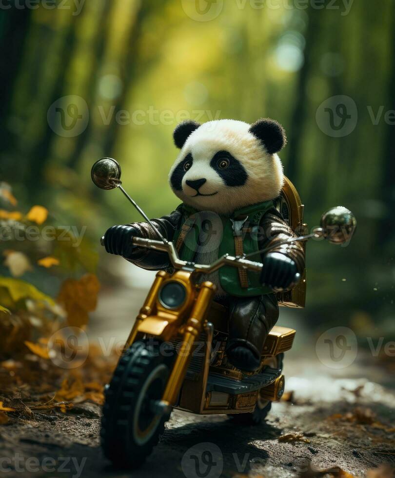 a cute panda on a minibike riding through a forest photo
