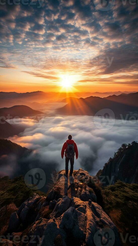 a man on top of a mountain peak with view of clouds and sunrise photo