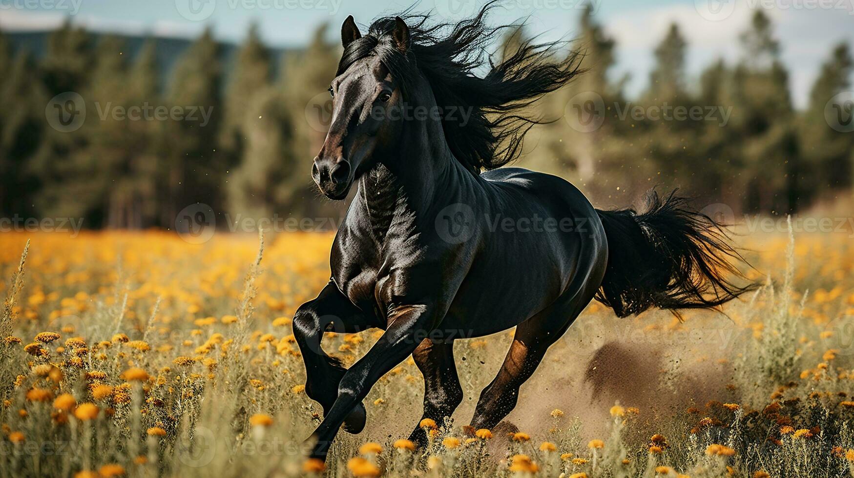 a black horse running on the wide grass photo