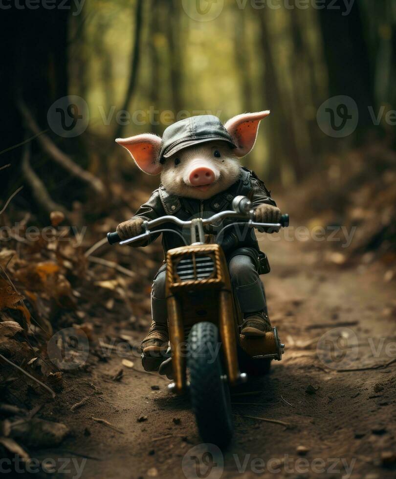 a cute pig on a minibike riding through a forest photo