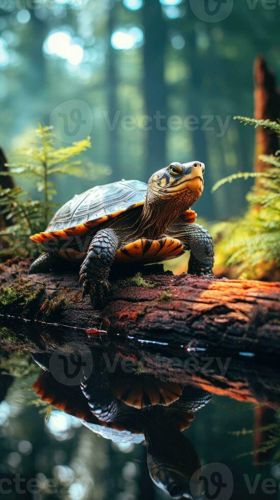 Wildlife turtle on top of a log with forest background photo
