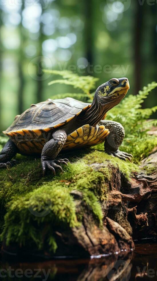 Wildlife turtle on top of a log with forest background photo