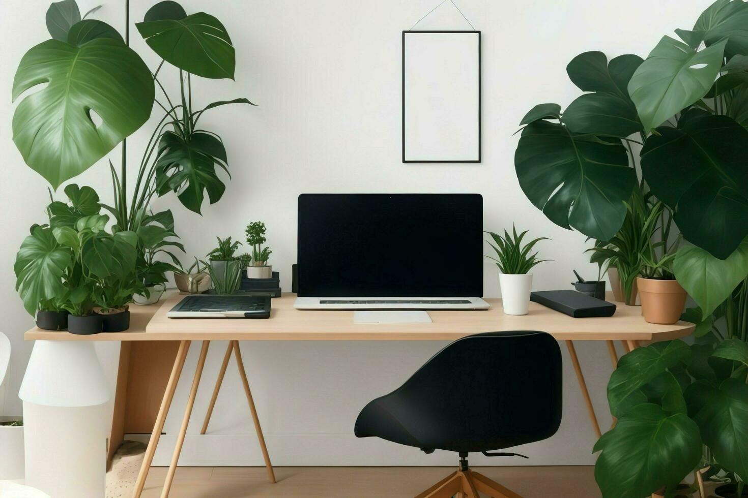 AI Generated. AI Generative - Sleek Laptop Creative Stationery and Plants Inspire Productivity and Creativity photo