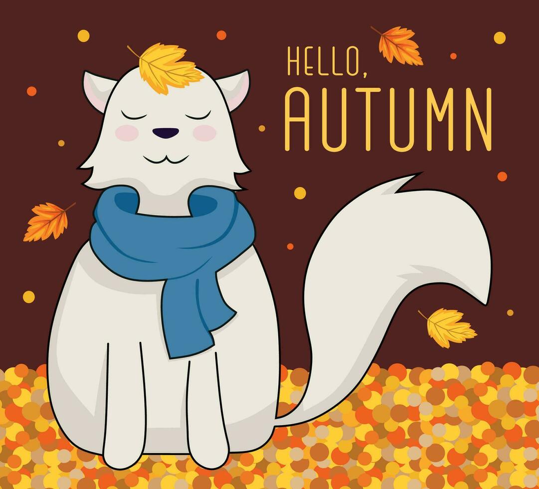 Cute cartoon white cat standing in a scarf with a leaf on a head. Bright autumn illustration on a brown background. Hello autumn postcard design. vector