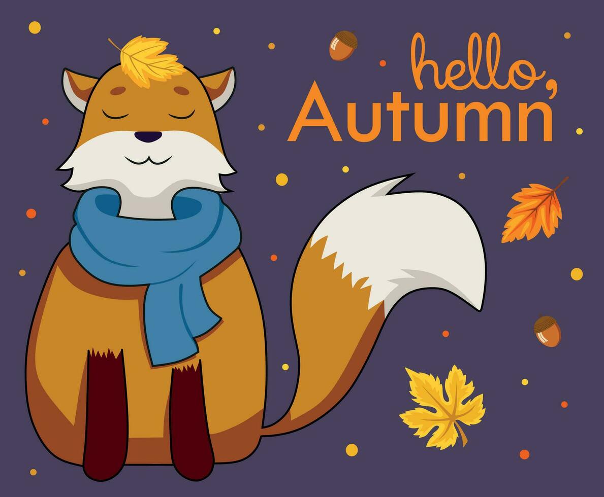 Cute cartoon red fox standing in a scarf with a leaf on a head. Bright autumn illustration on dark blue background. Hello autumn postcard design. vector