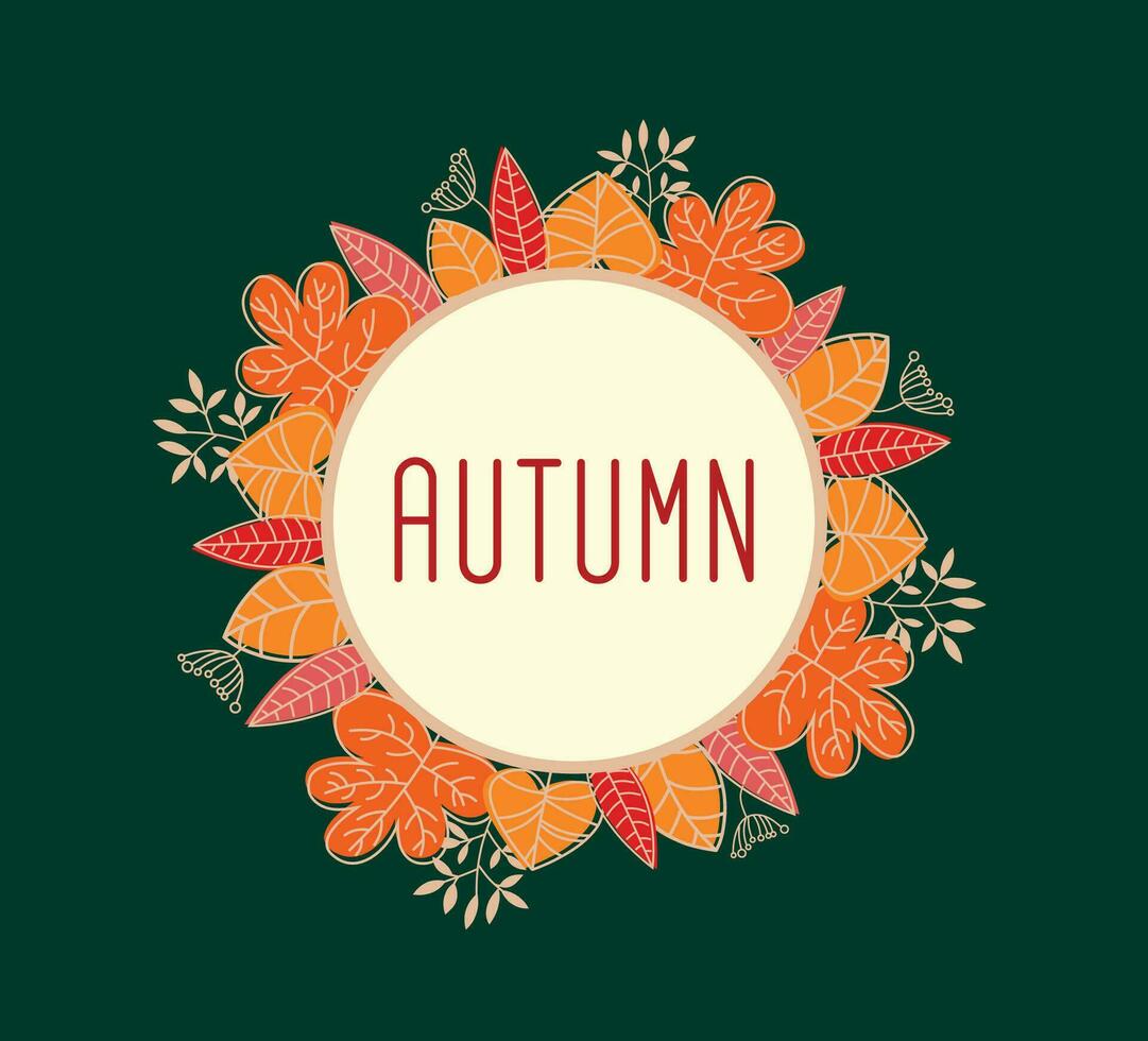 redondo marco hecho de mano dibujado otoño amarillo naranja y rojo hojas en verde antecedentes vector