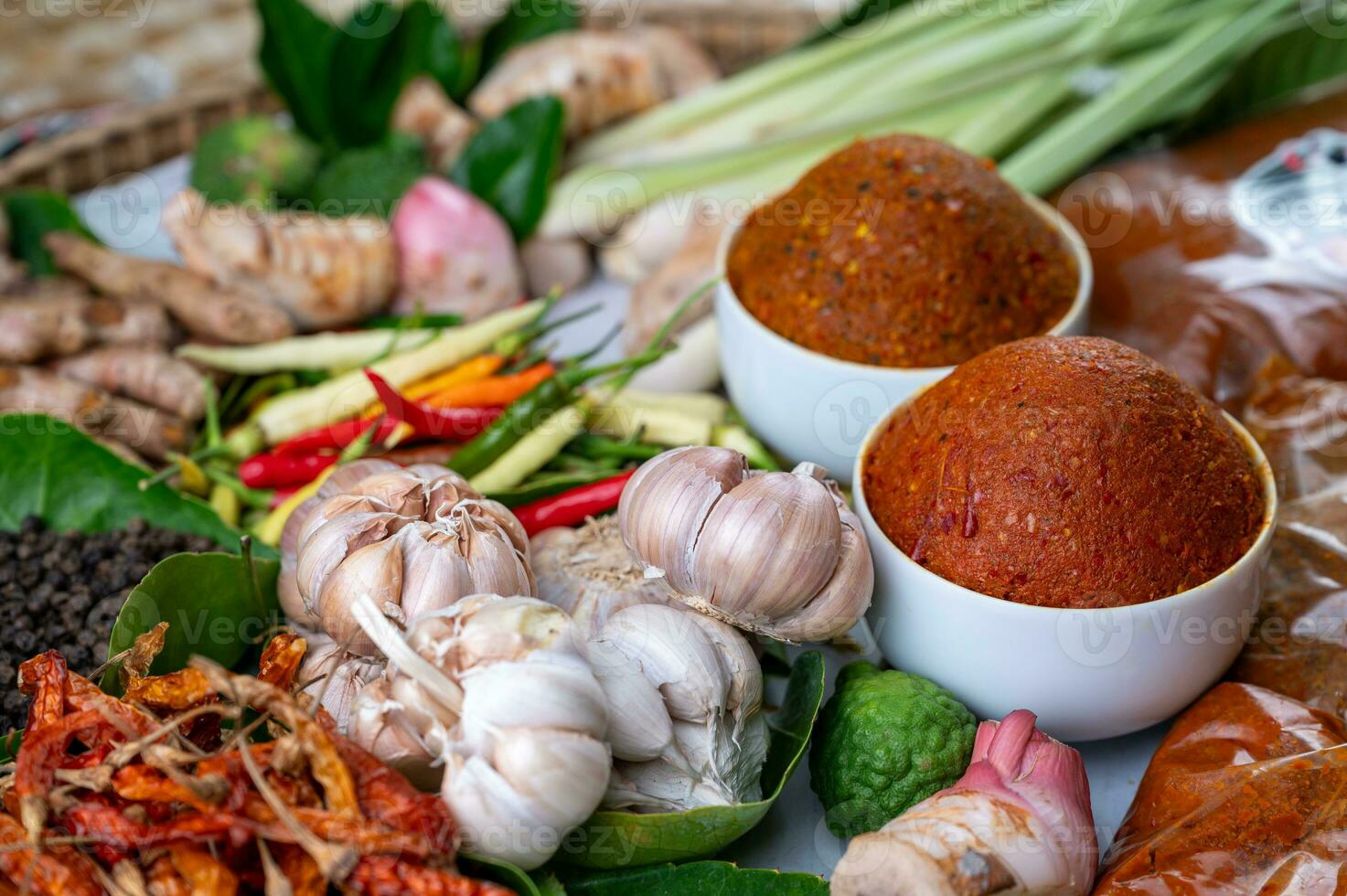 Thai curry paste, consisting of garlic, bird's eye chili, pepper, galangal, etc. photo