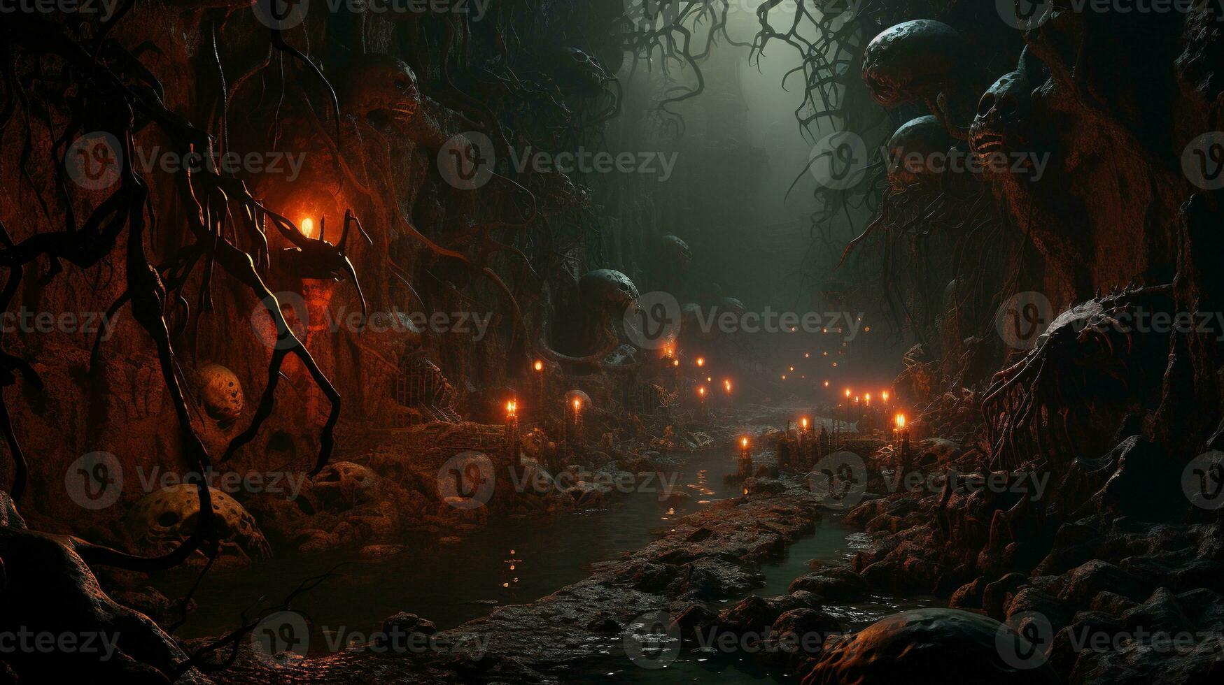 the haunting gorge of creatures, digital art illustration, Generative AI photo