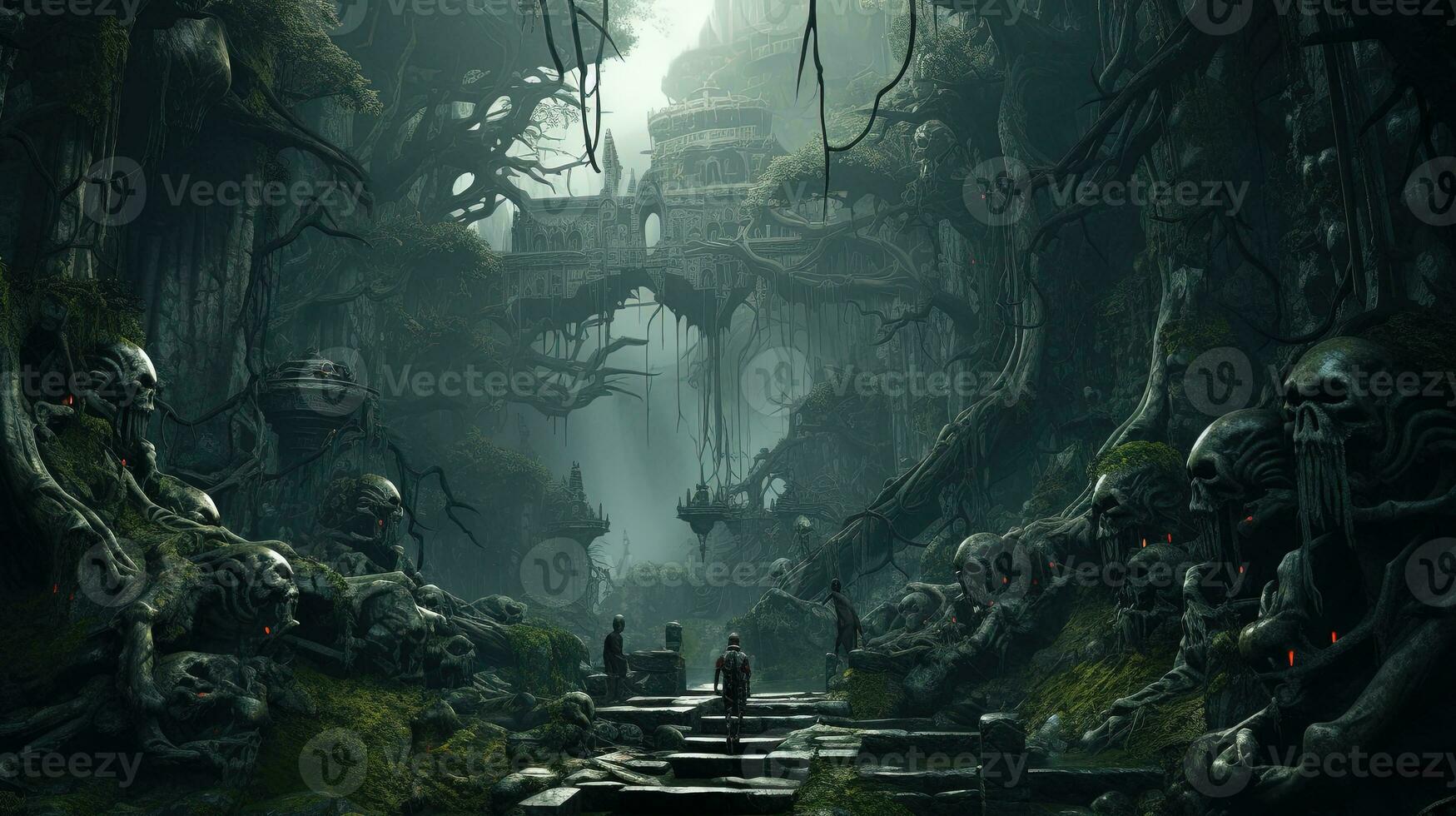 the haunting gorge of creatures, digital art illustration, Generative AI photo
