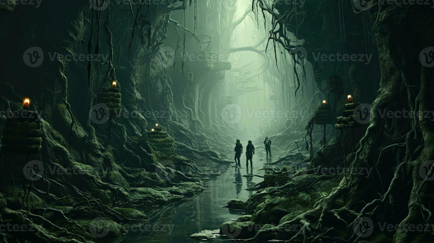 the haunting gorge of creatures, digital art illustration, Generative AI photo