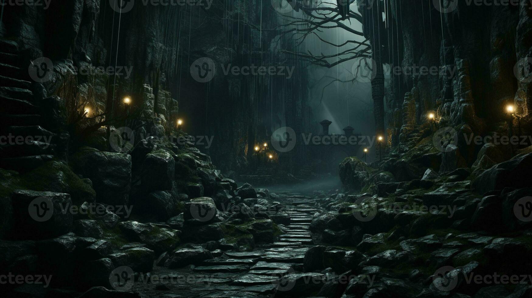 the haunting gorge of creatures, digital art illustration, Generative AI photo