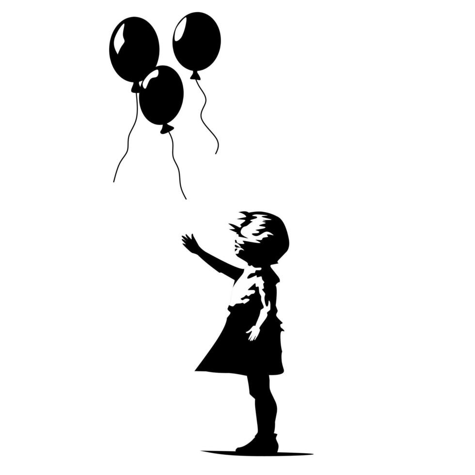 negro y blanco diseño ilustración de un niña y un liberado globo en un blanco antecedentes vector